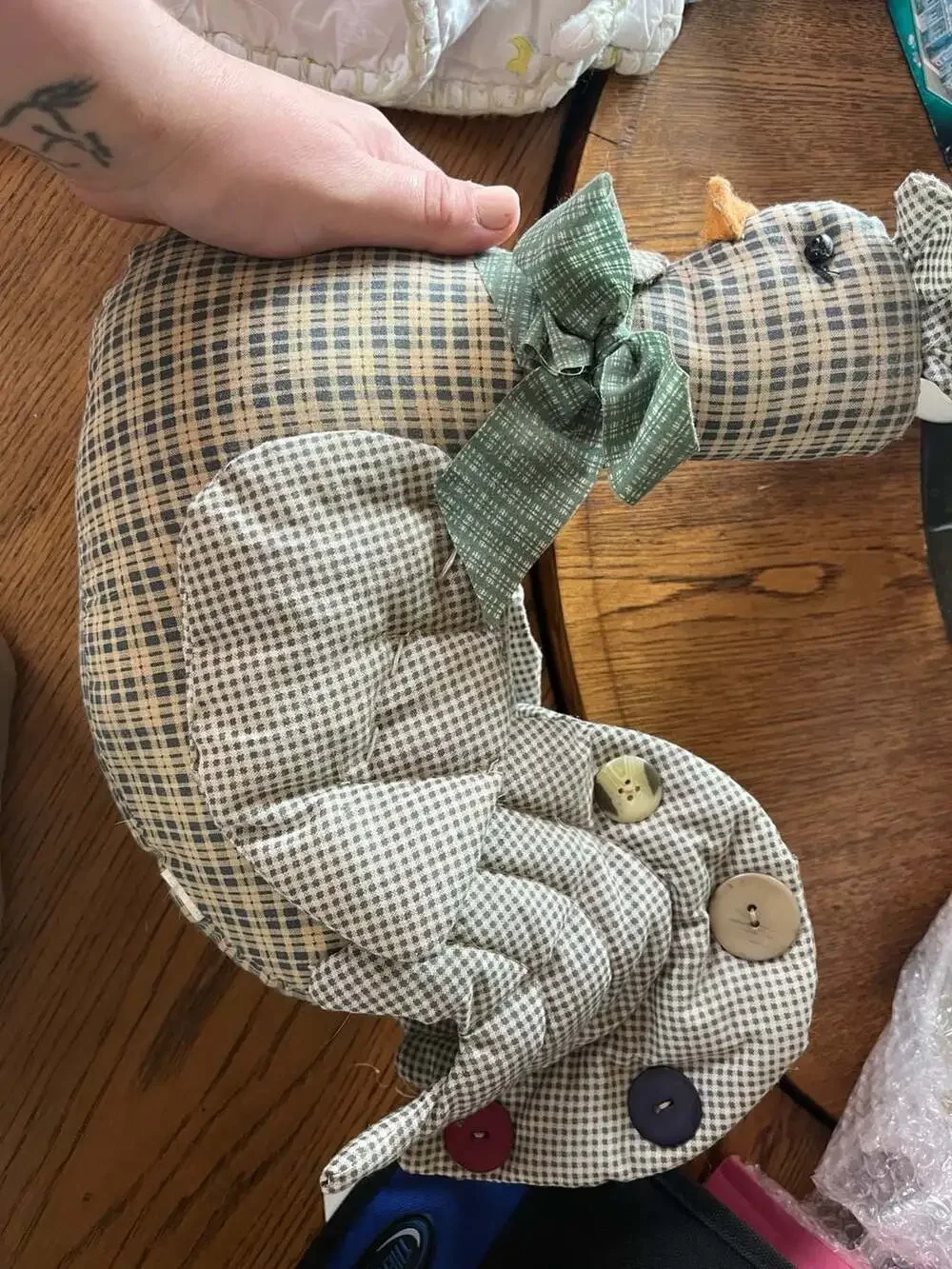 Handmade Farmhouse Fabric Chicken Weighted Doorstop with Button Accents